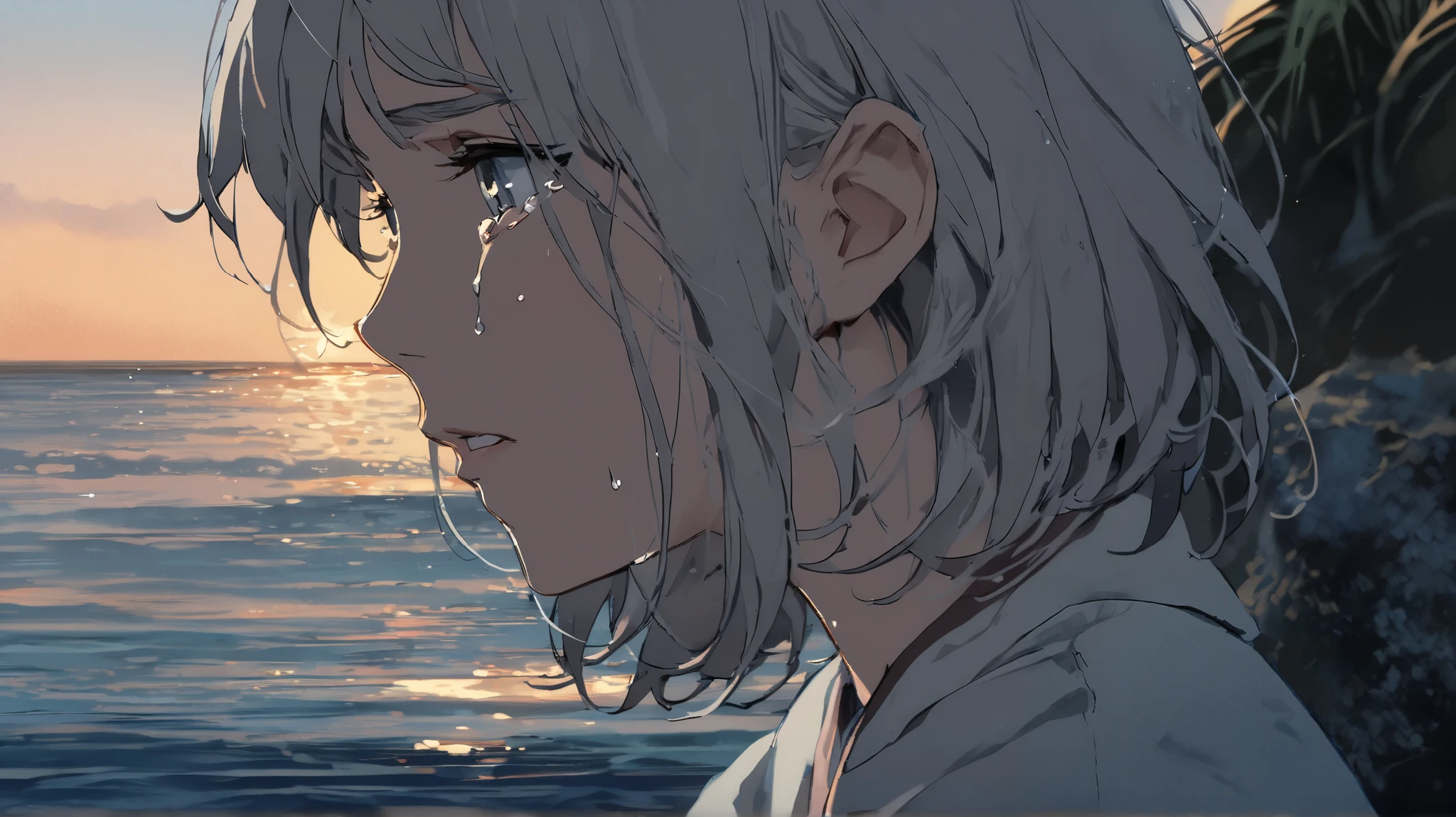 Studio Ghibli Style HMC, Sitting on a shelf at dusk ( Soft , Golden Light), (Shining reflections on the water), anime style, ocean , ocean のビーチ, coconut tree、Woman crying at sea( close up of an excellent masterpiece:1.5)0.9 (Disheveled silver hair:1.1) Tears running down my cheeks facial hair Surrounded by beautiful sandy beaches and the sea