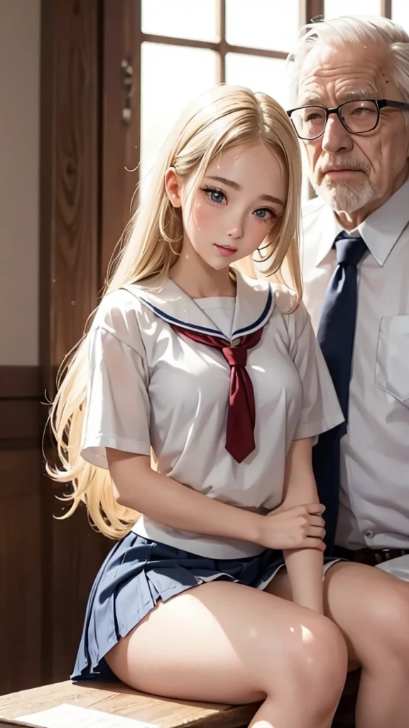 (A high school girl sitting on old male:1.4), ((Highest quality)), ((masterpiece)), (detailed), Braided long hair, ((Blonde)), (reverse upright straddle:1.3), (girl on top), (old man behind the girl:1.4), (licking), Very cute eyes, False eyelashes, (((Watery eye))), (surprised), (She's in trouble), Glossy thick lips, Glowing White Skin, Pleated skirt, outside, moonlight, shooting star, Wind