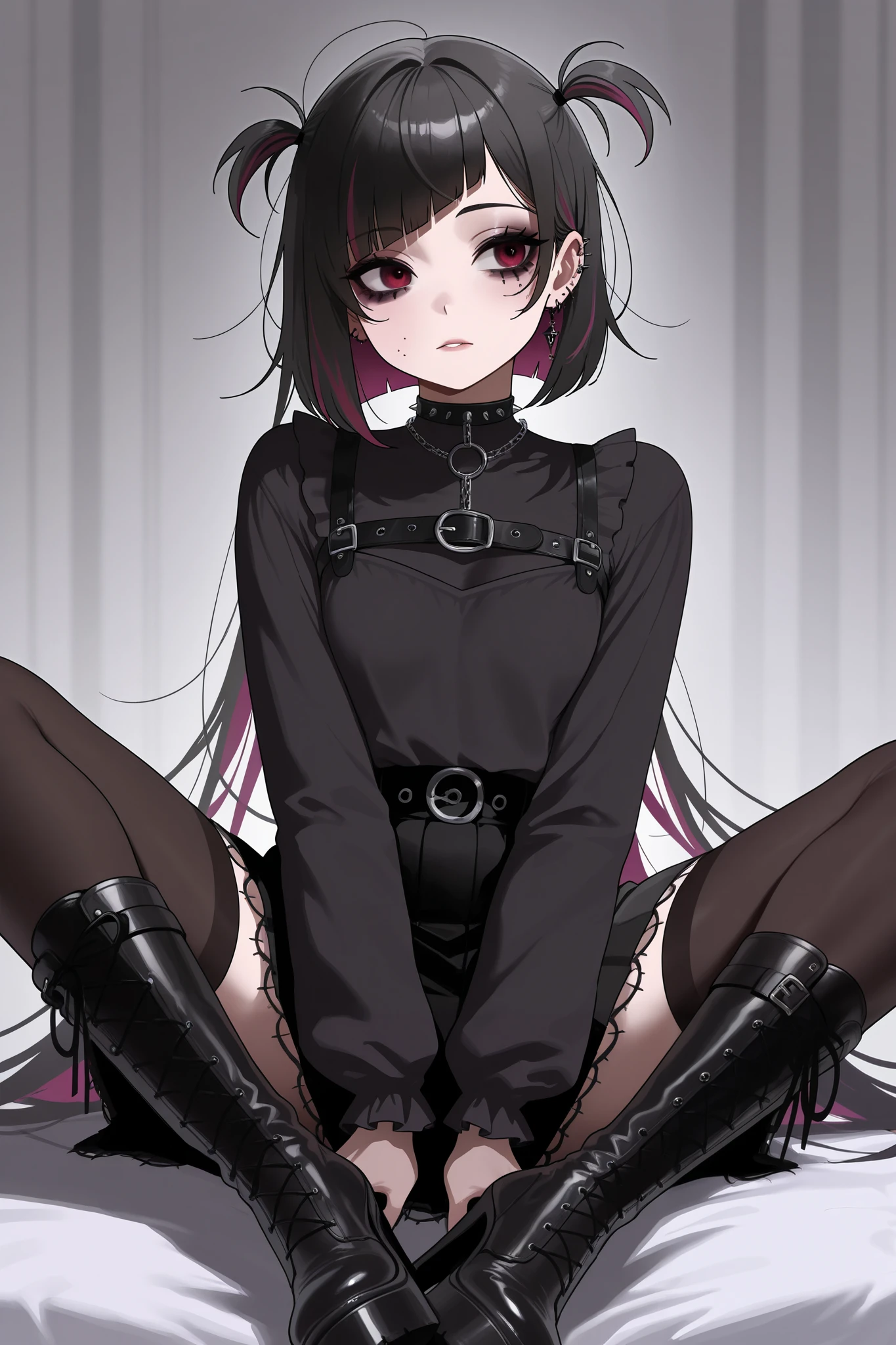 masterpiece, best quality, 1girl, zonetan, blue eyes, hair over one eye, drill hair, purple long hair, bare shoulders, boots, off-shoulder sweater dress, full body, (black stockings), (black thigh highs), solo, looking at viewer, smirk, sitting, spread legs, purple panties, cameltoe, simple background 