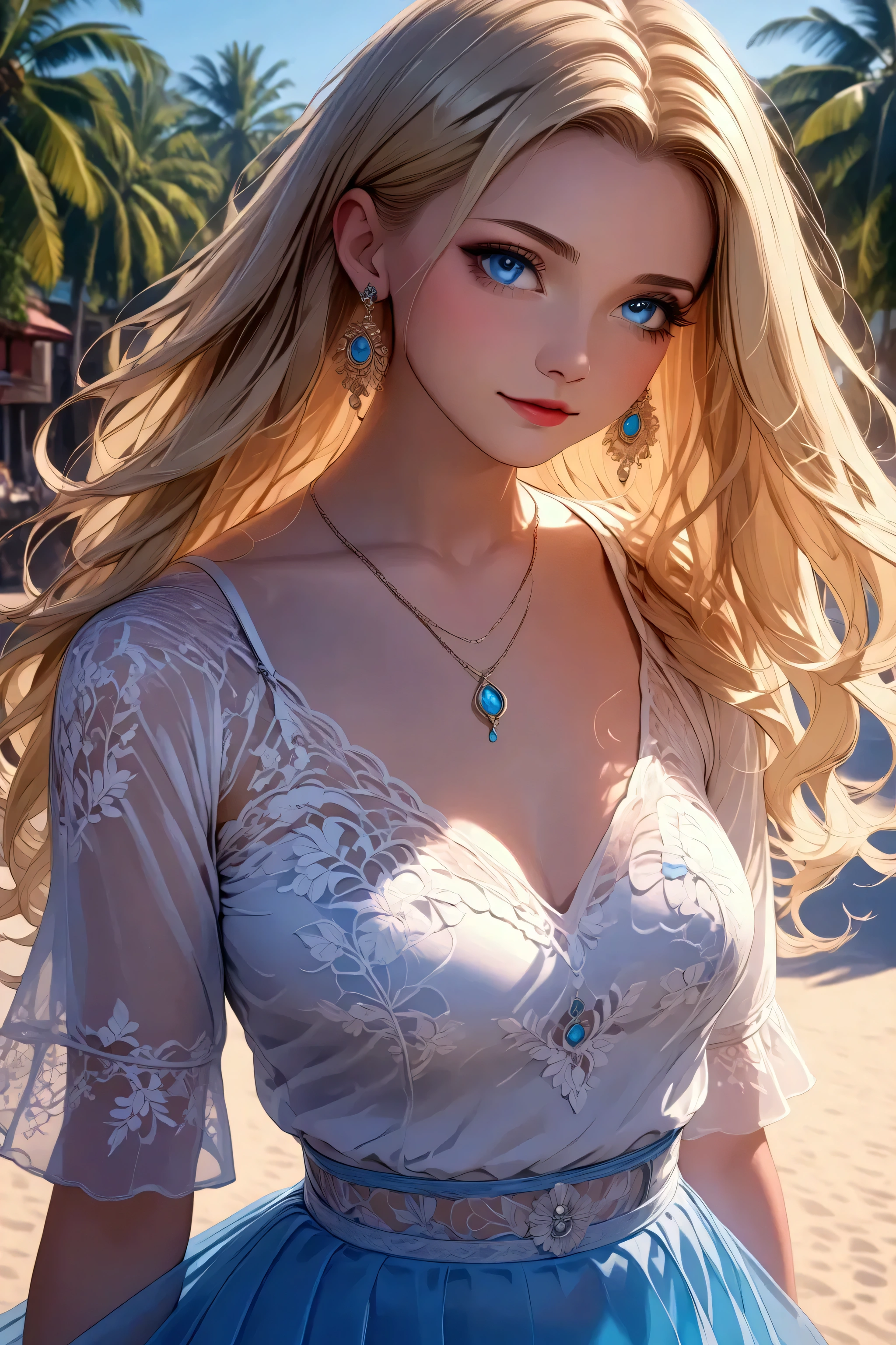 1 lady, Beautiful elf, blonde Long straight hair, long pointy ears, beautiful face, detailed face, delicate eyes, detailed pupil, beautiful and delicate lips, white camisole long skirt, Simple and stylish, crystal earrings, hand drawn animation, high detailed, outdoor, blush, shy, heart, in love, symmetrical clothes, best quality, masterpiece, retina