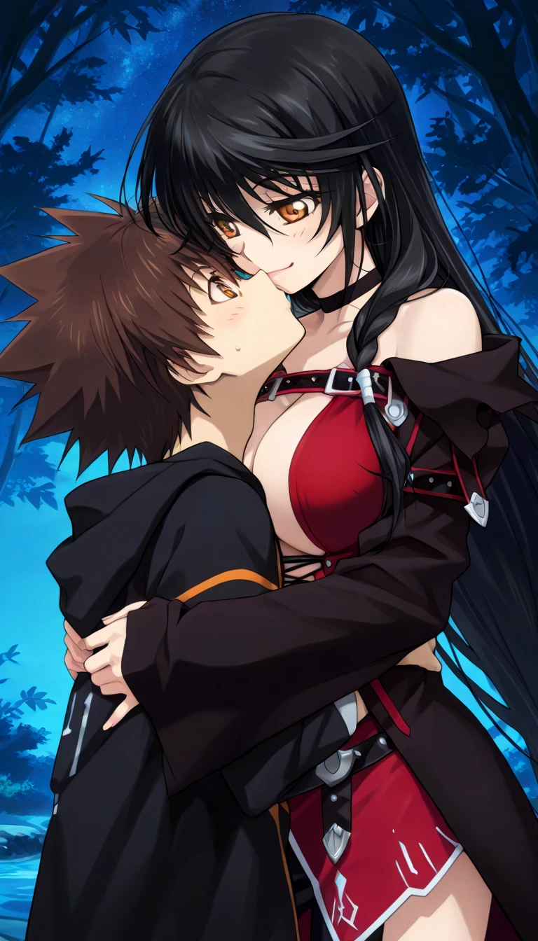 masterpiece,top-quality,source_anime,best quality, clear face,Velvet Crowe,tales of verseria,1girl,solo,black hair,very long hair,gold eyes,very large breasts, perfect body,beauty,very huge breasts,narrow waist,bust size is 250cm over,sexy,seductive anime girl,One Shota,Tsunayoshi Sawada,tsuna_hyper,A boy with very messy brown hair,she has black hair,she has black hair,she has black hair,she has black hair,she has gold eyes,he has very messy brown hair,he has very messy brown hair,he has very messy brown hair,she has gold eyes,she has gold eyes,he has orange eyes,he has orange eyes,he has orange eyes,night Forest and spring,she is smiling seductively,Boy and woman are kissing,Boy and woman are hugging,black hooded hoodie