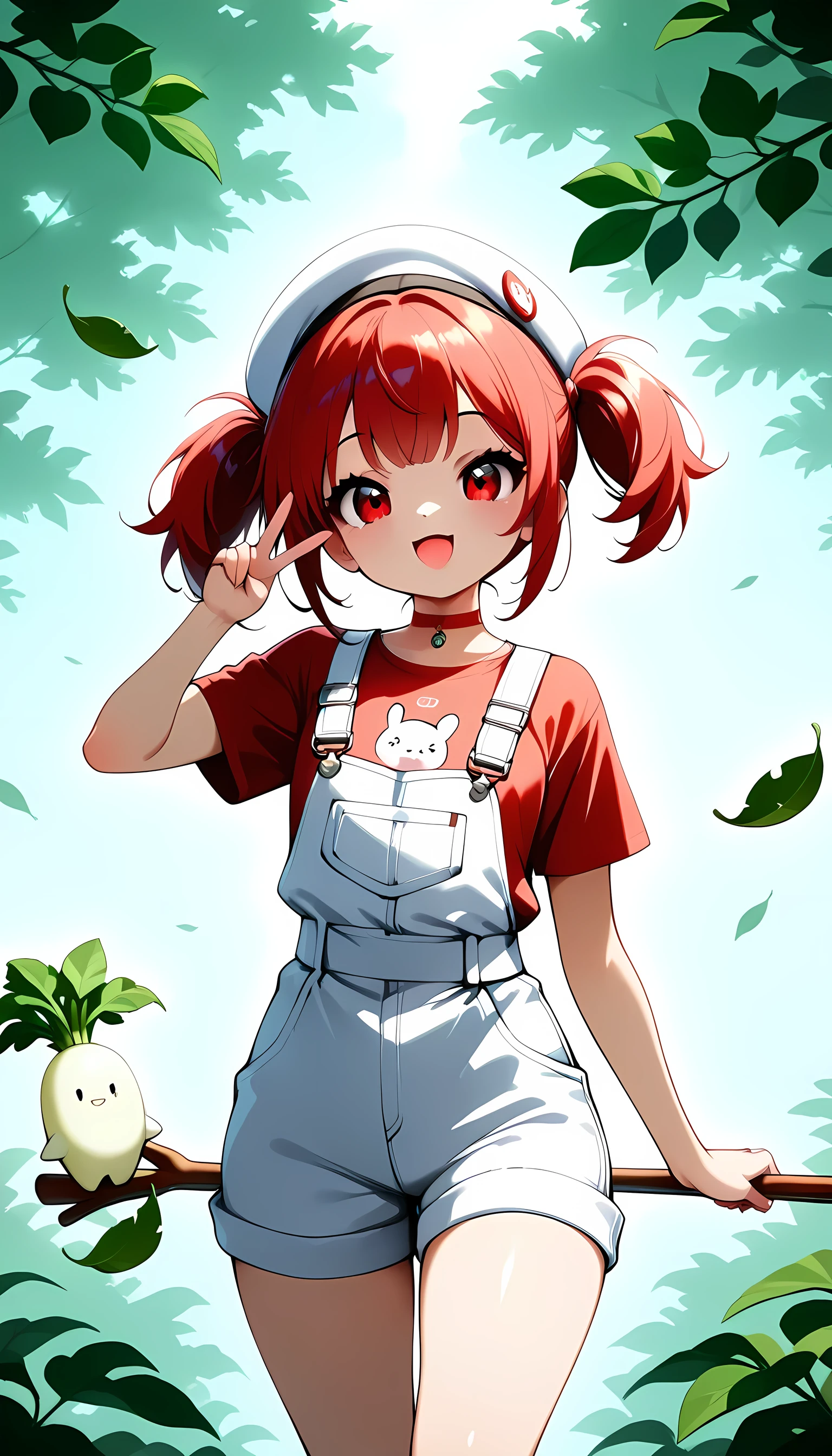 Daikon-chan :1.2, DKG , smile:1.2,  open your mouth,  beautiful skin:1.4,  Beautiful Detailed Eyes ,  glossy lips ,  very detailed face , ((white beret stick with leaves,  Red hair short twin tails:1.2, Red T-shirt,  white overalls  , Red choker, )), slouch, (( Random Poses)), v-sign,  dramatic lighting ,  cute atmosphere ,  beautiful thighs ,  bright color,  cinematic composition ,  anime style:1.2, Detailed CG illustration, 8k, masterpiece．