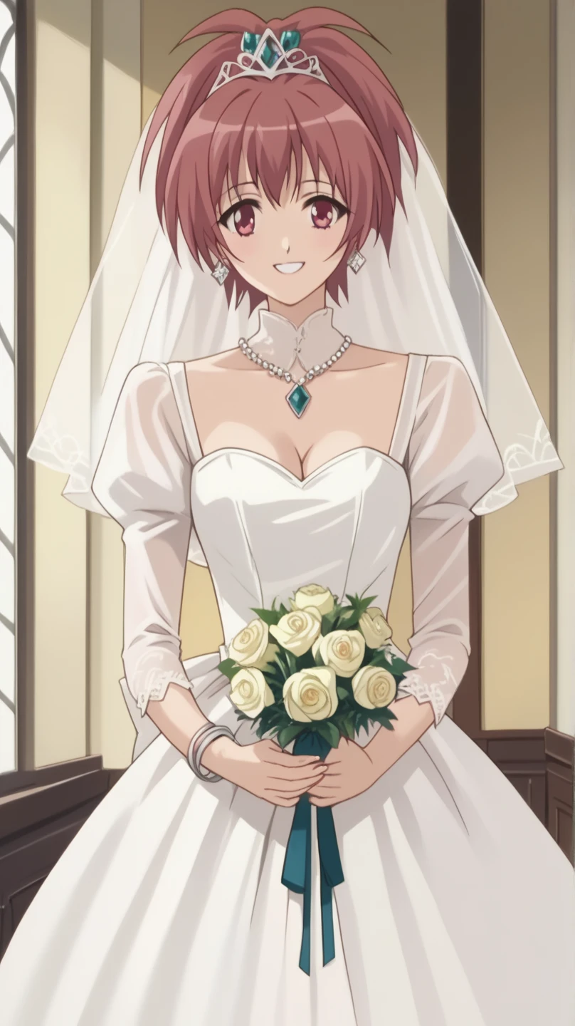 score_9, score_8_up, score_7_up, score_6_up, source_anime 
 nagisa, 1girl, solo, red hair, hair ornament, wearing a white satin and tulle princess ballgown wedding dress, with white satin bows on skirt, with long train, ribbon belt with bow in front, with a long veil, tiara, diamond earrings, necklace, bracelets, highly detailed, realistic, HD, 4k, professional photograph, vibrant colors and background, at a palace, holding bouquet, long sleeves, simple background, portrait, smile, ((high_quality)), ((Super_Detailed)),  (masterpiece), best quality, expressive eyes, perfect face, good hands, best hands, detailed, high quality, high resolution. 8k