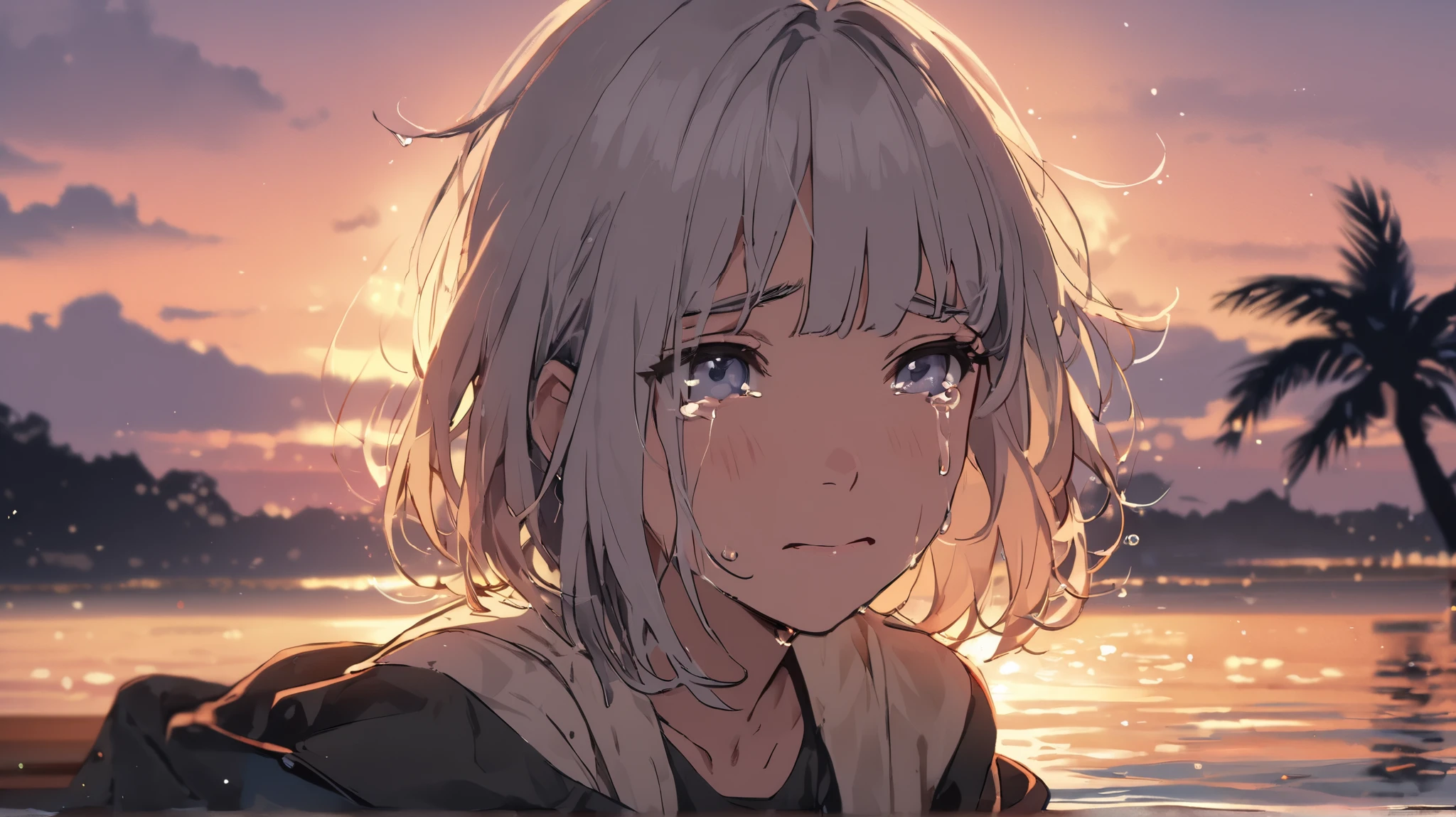 Studio Ghibli Style HMC, Sitting on a shelf at dusk ( Soft , Golden Light), (Shining reflections on the water), anime style, ocean , ocean のビーチ, coconut tree、Woman crying at sea( close up of an excellent masterpiece:1.5)0.9 (Disheveled silver hair:1.1) Tears running down my cheeks Front face up My mouth is shaking with sadness Surrounded by beautiful sandy beaches and the sea Insert the letters 『lonely love』 for poster music fashionable