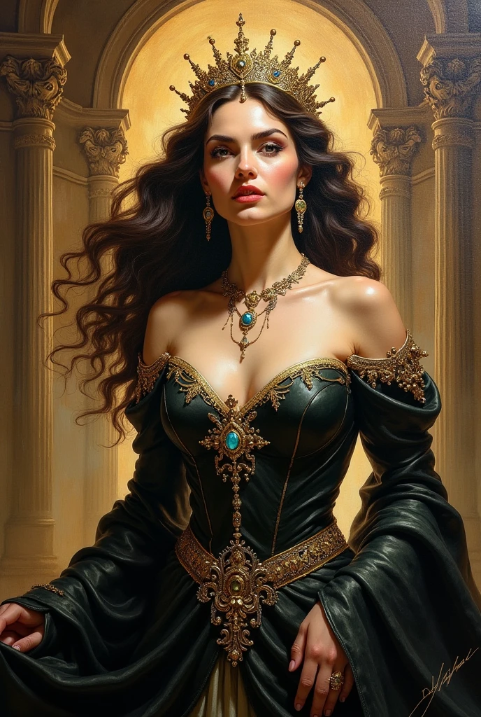 ((realistic:1.5)),((best quality)), ((masterpiece)),((detailed)), a mature stunningly beautiful wicked queen, lush dark hair and green eyes, vain and arrogant, sinister, sparkling jewels and jewelry, inside of her elaborate ancient palace, ancient barbarian city in the background, stone walls, burning torches, burning braziers, piles of gold coins, flowing water, atmospheric fog, by Frank Frazetta, by Luis Royo, by boris vallejo,