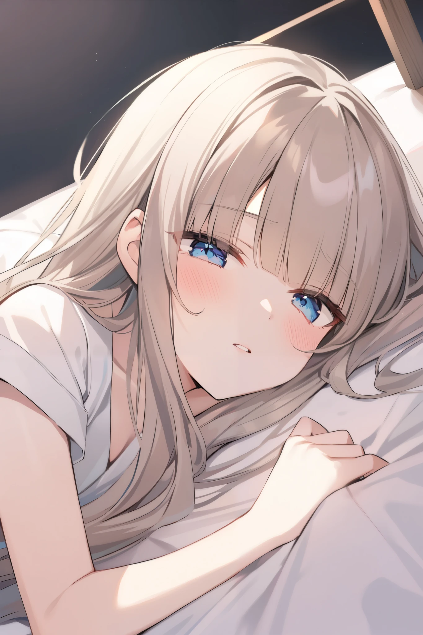  dark background 、blunt bangs 、Chest-length hair、 whitish ash-brown colored hair、blue dark eyes 、 looking here 、 princess cut、 lying on a bed 、Apologetic face
