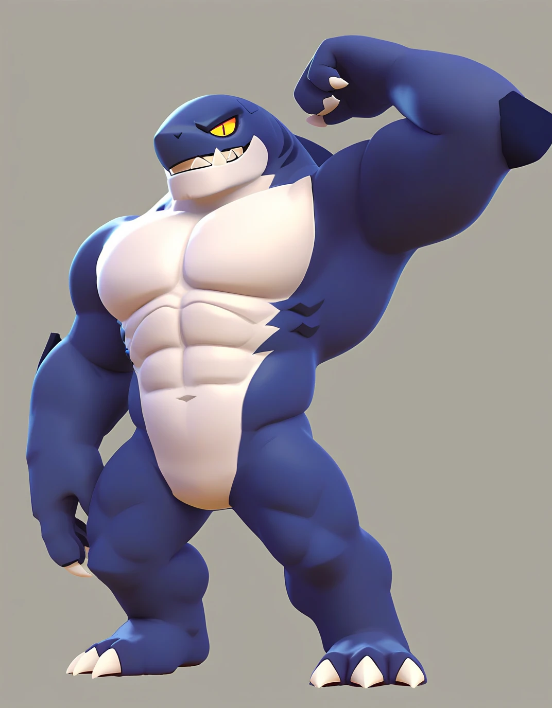 score_9, score_8_up, score_7_up, score_6_up, score_5_up, score_4_up, rating_questionable,yellow sclera,red pupils, claws,shark head with a human body,dark blue body,white jawline,white chest,white abs,white pecs,white crotch,focus 4 fingers,sharp teeth,, furry male, muscular, smirk, full body,sfw_nudity, thick things, face and chest,arms and hands ,pecs&crotch,{tall legs&thigh},feet,show chest&pecs,left-arm half raise up,right-arm's hand on the right-leg,ready to run posing,brawl,perfect detailed eyes,perfect detailed pupils, no humans,{{2d,flatted art}}