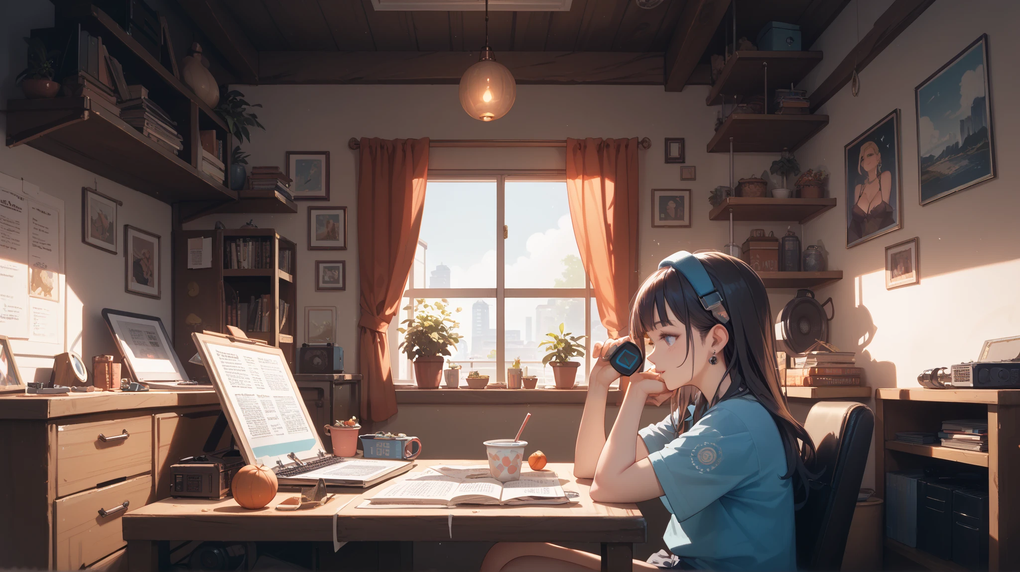 a girl studying in a room with the window open wearing a headphone on her head in lofi style