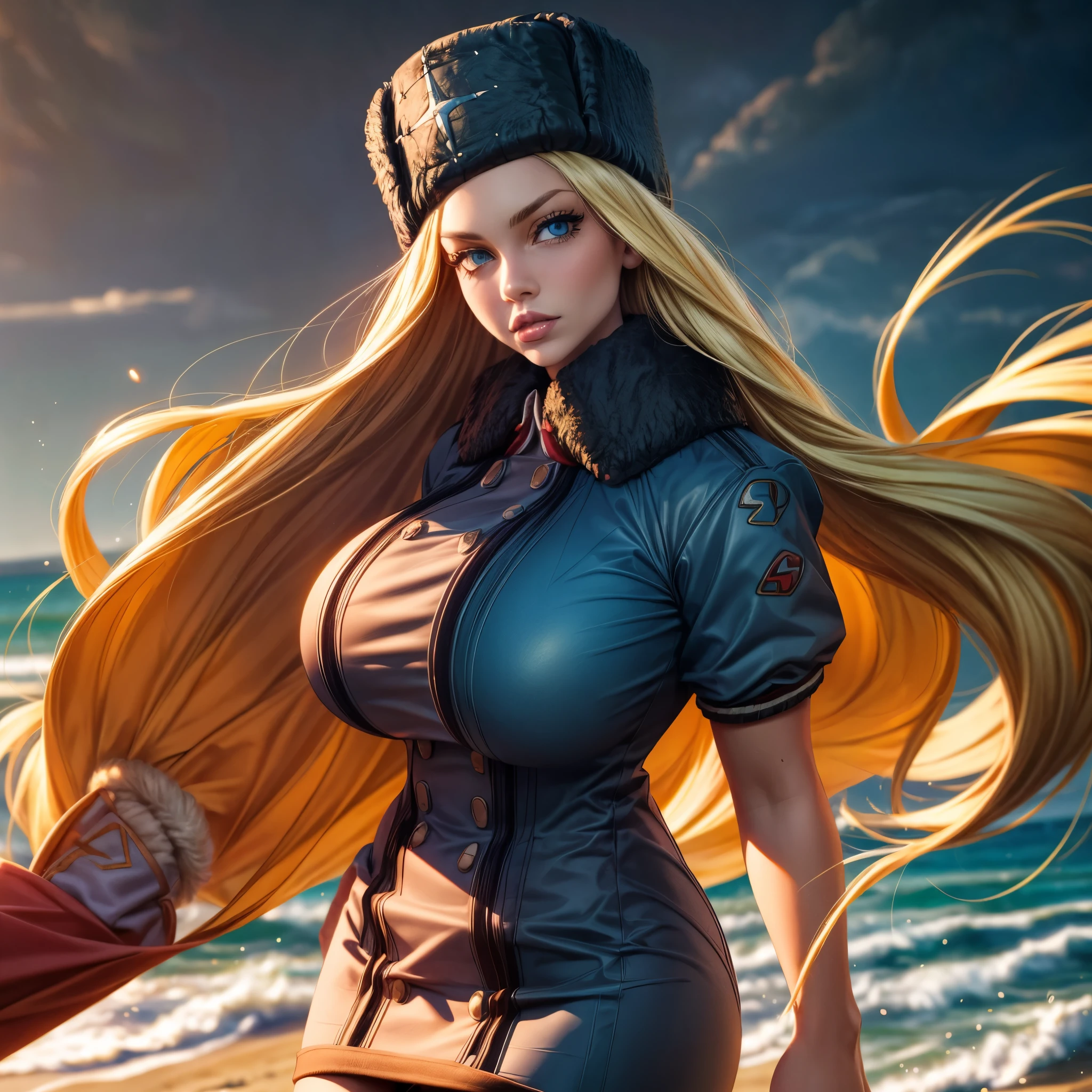 ( super real,32K, Masterpiece:1.2),( High Definition Skin on the Beach :1.1),( High Quality :1.1),SF Colin, Blonde, blue eyes, fur hat, dress, jacket, Miniskirt, blurry background ,,( staring at the viewer , portrait:1.1),, ( huge breasts ,Super large breasts:1.1),(Dense Light :1.1),Kissing Face