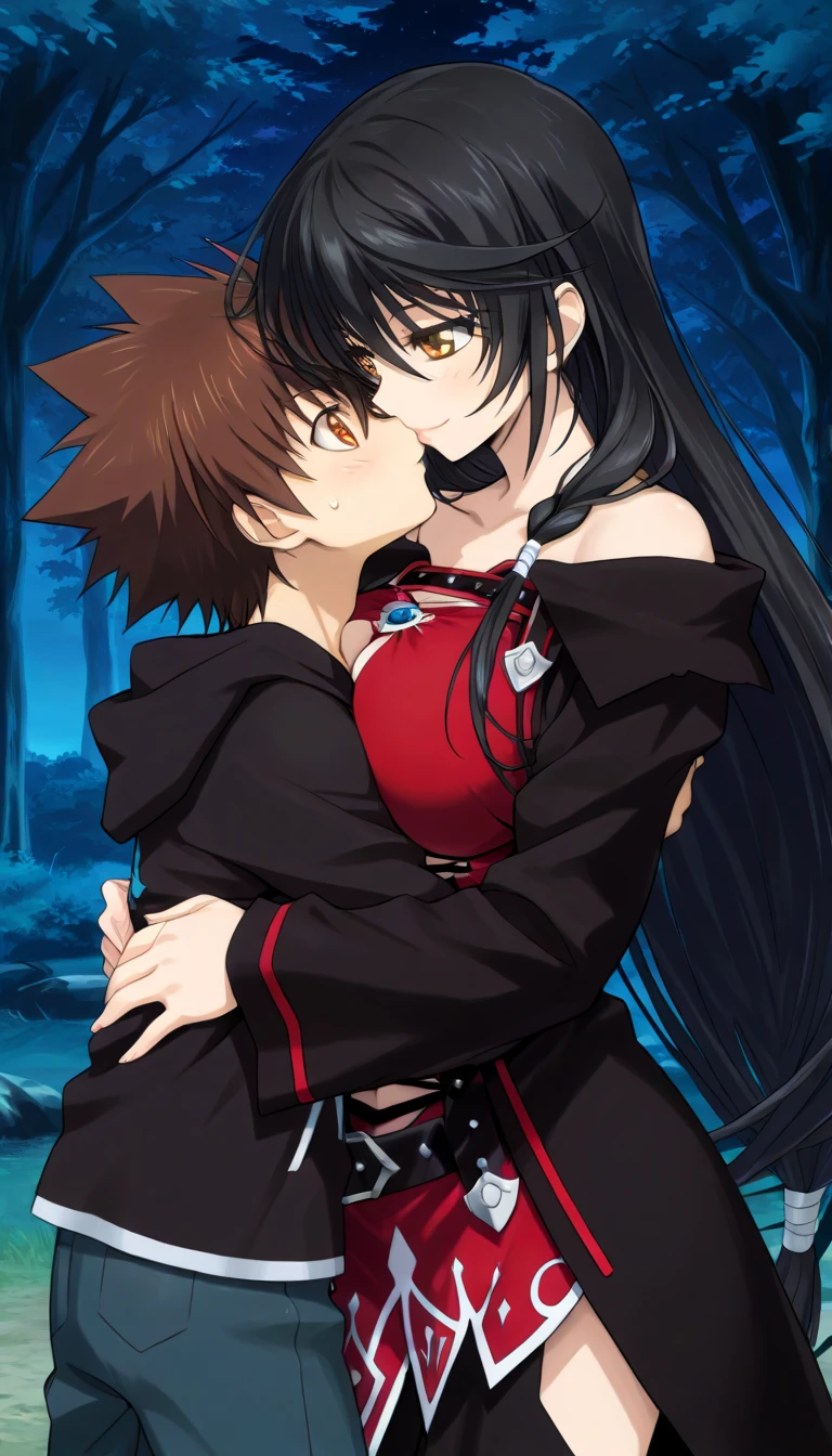 masterpiece,top-quality,source_anime,best quality, clear face,Velvet Crowe,tales of verseria,1girl,solo,black hair,very long hair,gold eyes,very large breasts, perfect body,beauty,very huge breasts,narrow waist,bust size is 250cm over,sexy,seductive anime girl,One Shota,Tsunayoshi Sawada,tsuna_hyper,A boy with very messy brown hair,she has black hair,she has black hair,she has black hair,she has black hair,she has gold eyes,he has very messy brown hair,he has very messy brown hair,he has very messy brown hair,she has gold eyes,she has gold eyes,he has orange eyes,he has orange eyes,he has orange eyes,night Forest and spring,she is smiling seductively,Boy and woman are kissing,Boy and woman are hugging,black hooded hoodie,Jeans pants