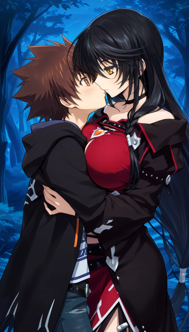 masterpiece,top-quality,source_anime,best quality, clear face,Velvet Crowe,tales of verseria,1girl,solo,black hair,very long hair,gold eyes,very large breasts, perfect body,beauty,very huge breasts,narrow waist,bust size is 250cm over,sexy,seductive anime girl,One Shota,Tsunayoshi Sawada,tsuna_hyper,A boy with very messy brown hair,she has black hair,she has black hair,she has black hair,she has black hair,she has gold eyes,he has very messy brown hair,he has very messy brown hair,he has very messy brown hair,she has gold eyes,she has gold eyes,he has orange eyes,he has orange eyes,he has orange eyes,night Forest and spring,she is smiling seductively,Boy and woman are kissing,Boy and woman are hugging,black hooded hoodie,Jeans pants