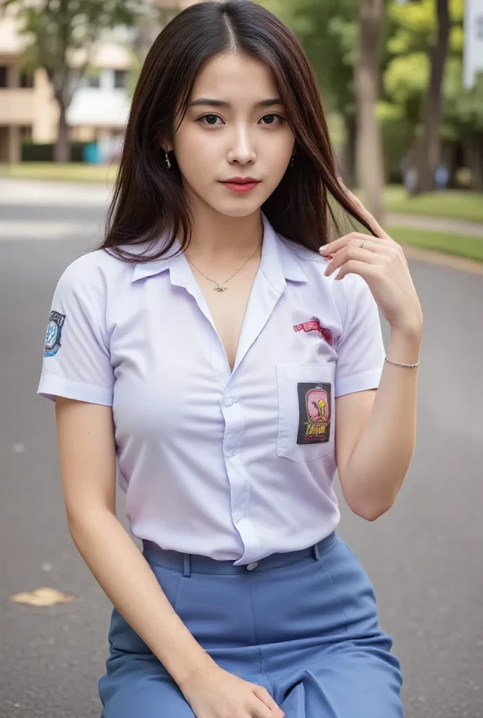  A 20-year-old woman ,  sits front facing, full body view,  using a strict indonesian school uniform of white color, using a tight skirt of blue color , dark red lips ,  using a cross necklace ,  long matted hair , very large breasts, use beautiful makeup