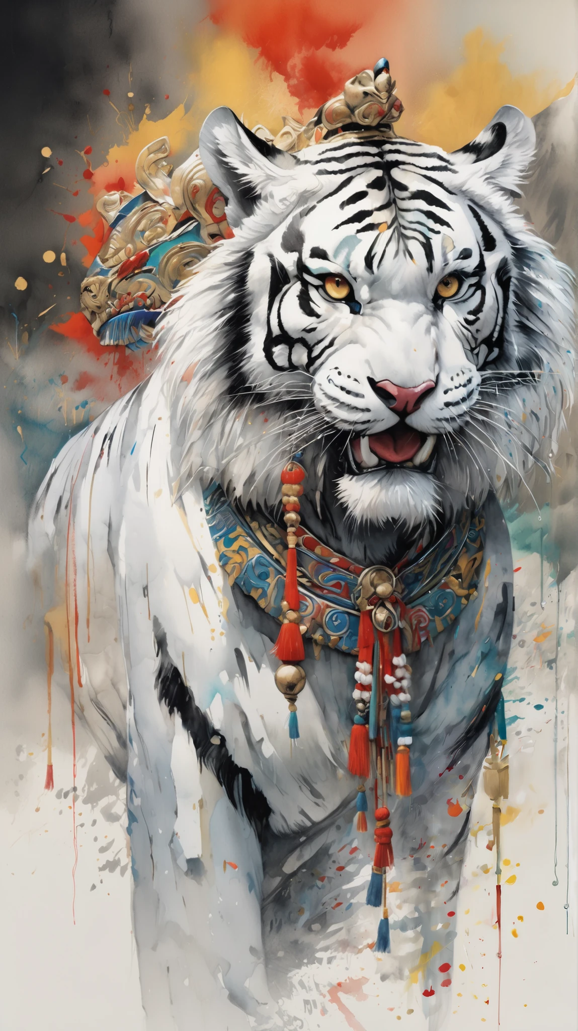 ((masterpiece)),best quality, ((illustration)),original,extremely detailed wallpaper,(((beijing opera))), (sketch),(wash painting),((color splashing)),((ink splashing)),((((dyeing)))),((Chinese painting)),((colorful)),(beautiful and delicate mountain),(solo),(Fantasy creatures),((Chinese white tiger)),(solo;1.8),Black markings,(white tiger),((solo)),beautiful and delicate golden eyes,Huge claws,Big and strong,Diabolical,Tyrannica,(mountains), 1girl,solo,looking at viewer,Best quality,masterpiece,ultra high res,(photorealistic:1.4)