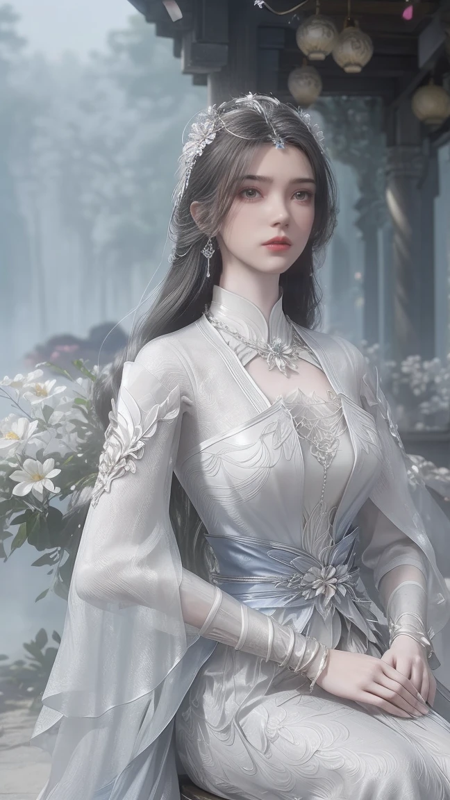  a woman with long hair ,  of choppy white hair ,  wears a white dress decorated with white flowers .  She sits in front of a background of white daisies ,  adds a tinge of colour to a largely monochromatic scene.  The woman's dress is decorated with a white chain ,  decorated with pearls , and a silver bracelet .  Her left hand is placed on her lap ,  while her right hand is left extended over his right shoulder .  The background is blurry ,  creates a sharp contrast with white flowers .