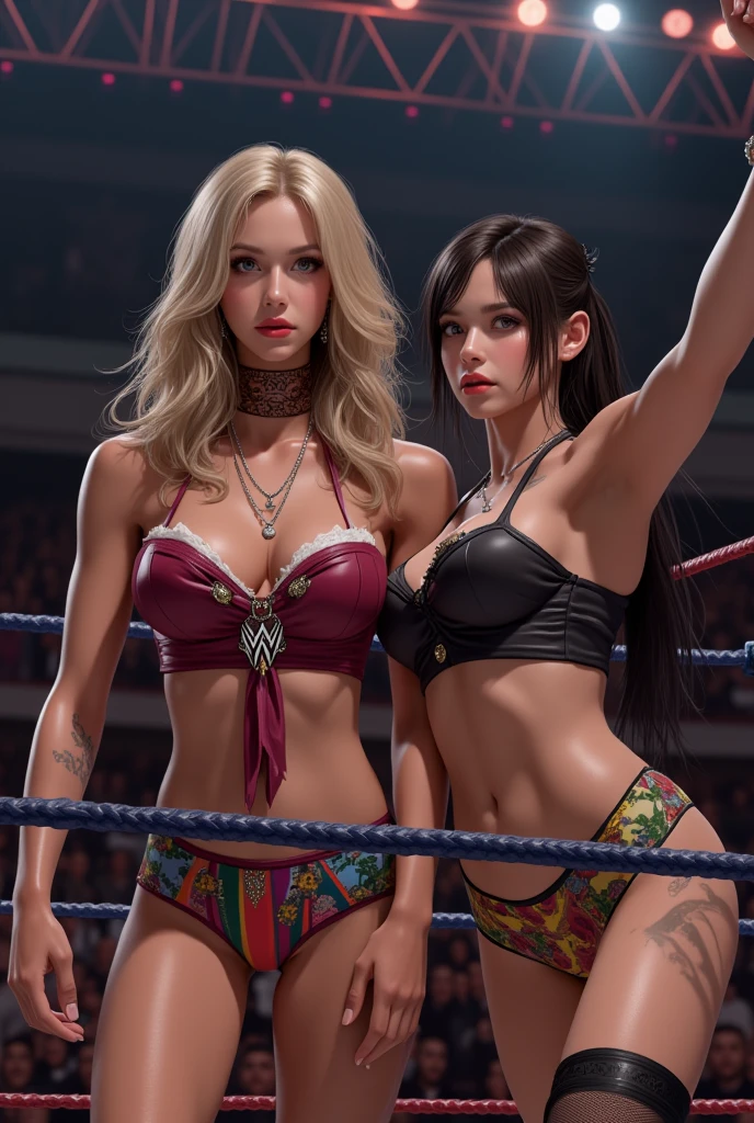 (best quality,4k,8k,highres,masterpiece:1.2),ultra-detailed,(realistic,photorealistic,photo-realistic:1.37),A beautiful woman in a promotional boxing match against a sparring robot,robot with red glowing eyes,powerful punches complete with sound effects and slow-motion moments in the boxing ring,high-intensity atmosphere,commercial-grade,professionally-lit scene,huge crowd in the stands cheering and holding posters,women fighting,wearing professional boxing gear,great physique and muscular build,sparkling sweat glistening on their skin,beautifully styled long hair flowing dramatically,brightly lit boxing ring,shadows cast by the spotlights,colorful spotlights creating a dynamic atmosphere,smoke and fog effects filling the ring,robot with metallic exterior and intricate details,sharp edges and glowing circuitry,crowds of people watching in awe and fascination,excitement and tension building up in the air,unwavering determination in the woman's eyes,fearlessness in her face as she takes on the intimidating robot,fiery spirit that radiates from her presence,she moves with precision and agility,delivering powerful punches with accuracy and strength,robot's mechanical movements and powerful strikes,testing the woman's resilience and skill,each punch creating an explosive impact and sending shockwaves through the air,slow-motion moments capturing the intensity and raw emotions,atmospheric lighting and contrasting shadows creating a cinematic effect,background music intensifies the mood,immersing the audience into the fierce competition,combination of human strength and technological advancement,representation of strength, courage, and the triumph of human spirit.