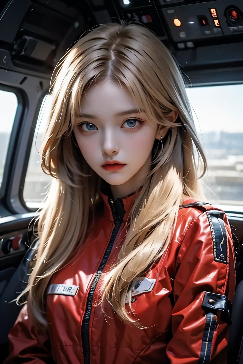 Image of her upper body up 。 One Beautiful Woman 。Twenty years old。 Blonde Blue Eyes 。Detailed drawing of the face。 She's staring at the camera with a serious expression。 She's wearing a red metallic combat suit。She's in a spaceship。The inside of the spaceship is getting a little dim 。