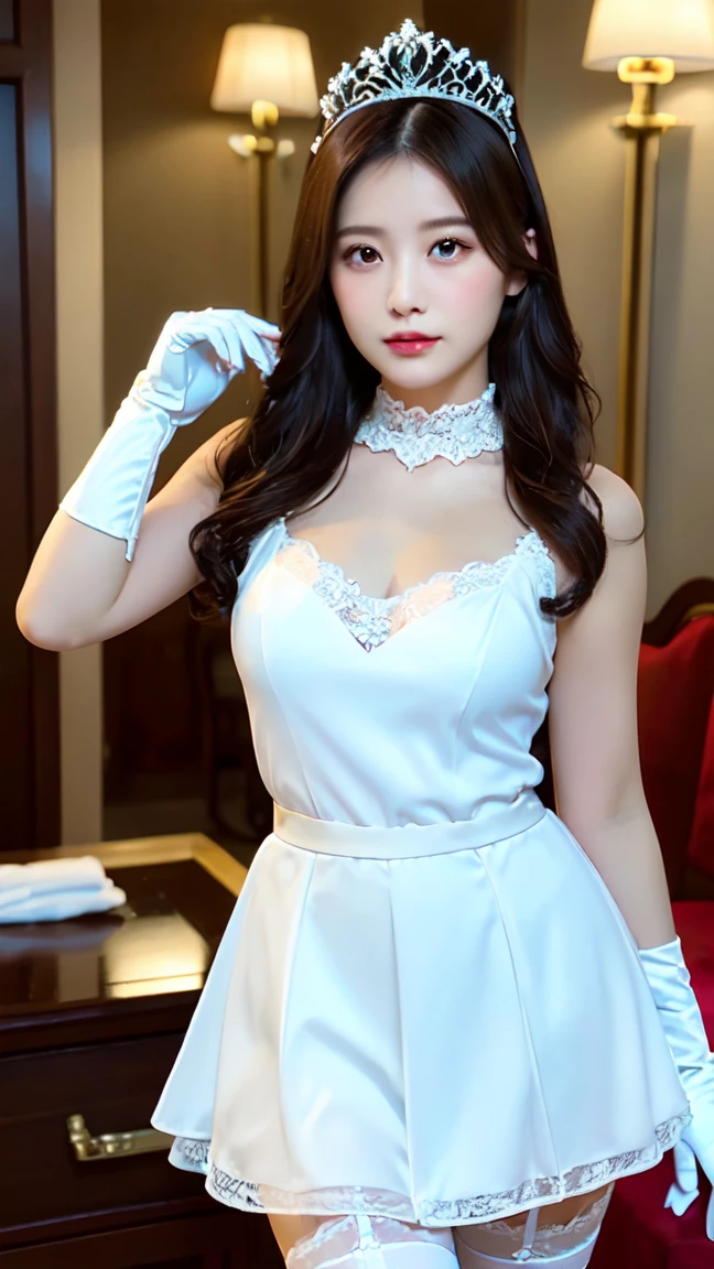 Malay girl, very short white hair with head scarf, wear white Corset and long Dress, corset, laughing and posing with hand on hip, front view, windy, detail skin, age spot, detail skin texture, mole below eyes, small breast, flat chest, wide hips, small waists, thick thighs, slim abs, beautiful body, nighttime, laughing, happy, bright lighting, living room, blur background, bokeh,