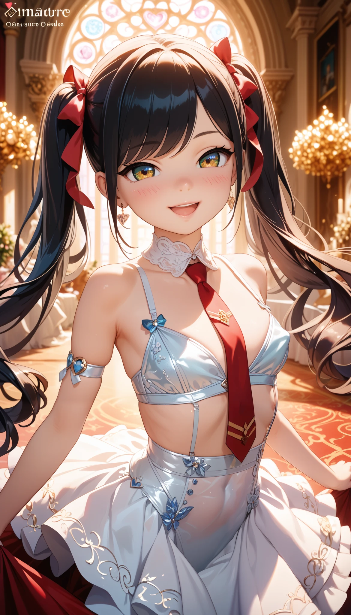 (best quality, masterpiece, ultra detailed, high resolution), （Enrich the picture，Masterpiece level quality）Beautiful 8K CG artwork, 1girl, (:1.3), (petite:1.3), Immature yet sexy girl, (long hair, black hair, twintail, red ties, swept bangs), 
Puffy breasts, Immature yet lewd large hips, slim shape, ((skindentation)), perfect waist to hip ratio,
BREAK

beautiful, sexy and erotic yet elegant lingerie advertisement, highly decorative, official art, fashion magazine cover, beautiful fashion model, fashionable, stylish,

(blush: 1.3), big smile of joy, open mouth,
cinematic lighting, depth of field,
