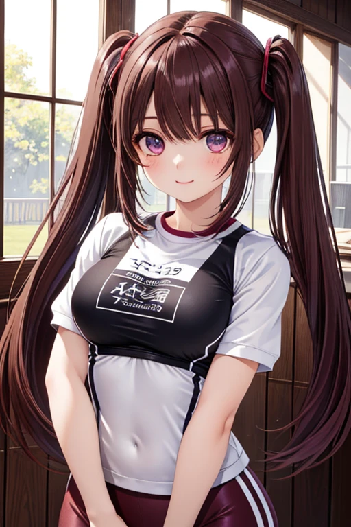 (ChocolateWetStyle:1.3), buruma, brown buruma, (Short sleeve gym uniform), School, Ground, One girl, smile, Twin tails, (Arms at your sides), Are standing, No background, Cowboy Shot, ((Highest quality)), ((masterpiece)), (detailed), Perfect Face, Perfect Arms, Perfect hands, Perfect Fingers, anime, Ultra-fine illustration,