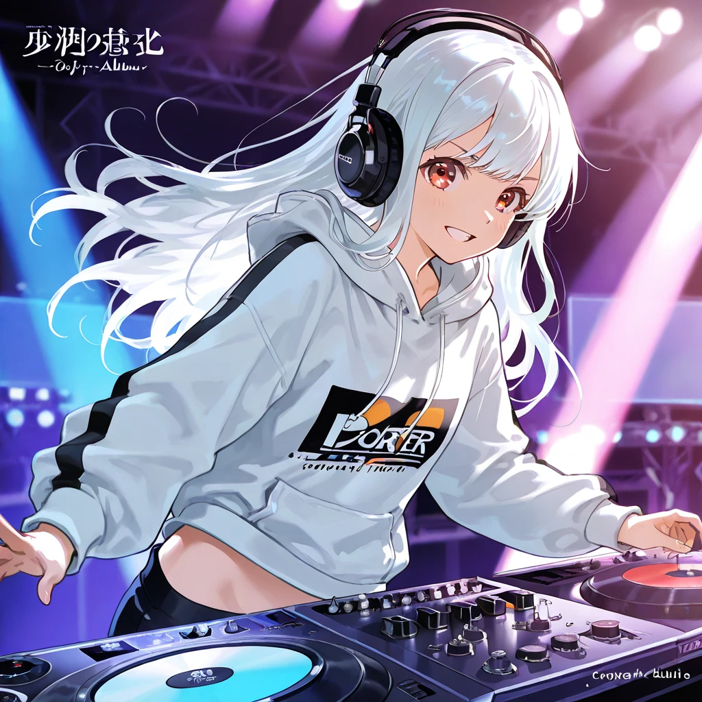 Girl, teenager, white long hair, red eyes, DJ, Headphones, long oversized hoodie, no bottom, porter robinson style album cover art, album cover