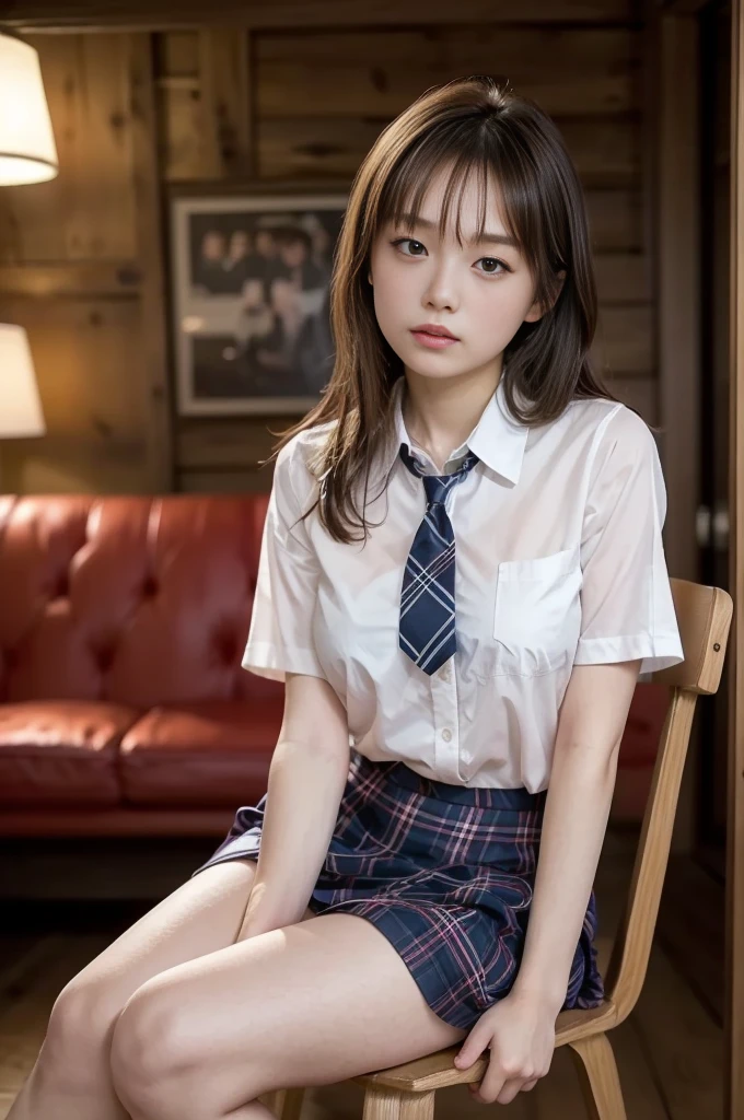 (     top quality    , Masterpiece, 16k,  More Details    、    Beautiful skin,     Dark Living Room の専門的な照明    )     girl     ,、｛((  high school uniform  、Curtigan、 Dark Living Room 、Buttoned blouse、   ties、 Blue Plaid Breeze Skirt、    cowboy shooting ))}、( Inside the Dark Living Room   、wooden background  、  Japanese、 black eyes、 medium haired   、18歳の    girl  、Sit on a white wooden chair)