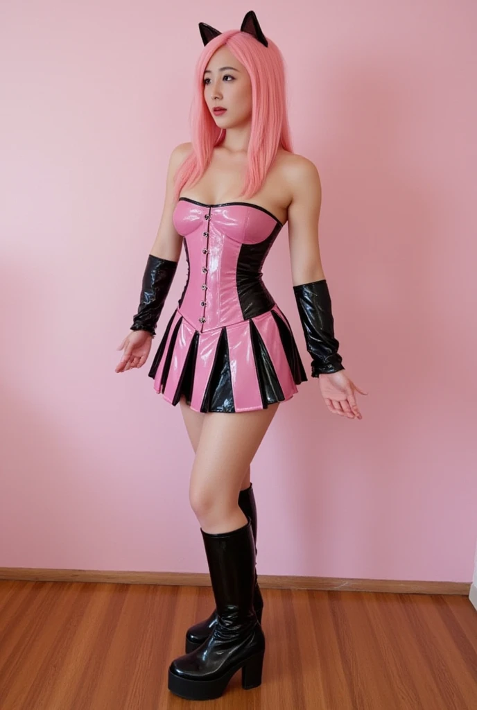 Asian slim  solo with pink hair, straight hair, slim model, pink black latex underbust corset
, pink black latex pleated skirt, latex sleeve warmer, knee high latex boots, cat ears, standing, small breasts, BDSM bedroom, breasts uncovered, breasts visible, sex ,fuck 
