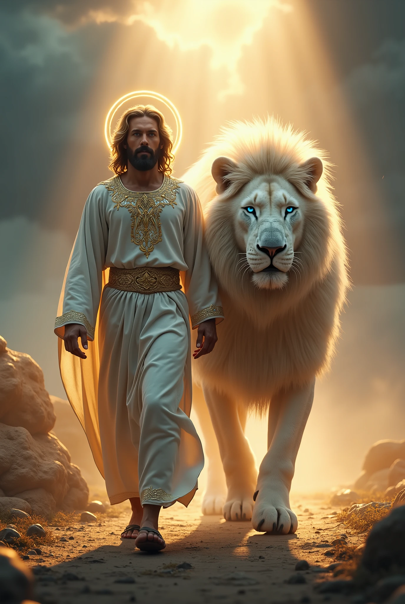 "Generate a hyper-realistic, cinematic 9:16 image depicting a tall, muscular Jesus Christ walking alongside a colossal white lion. Jesus exudes divine strength and wisdom, with a well-defined, powerful physique, a neatly trimmed beard, and flowing dark blonde hair. His intense blue eyes convey calm authority, complemented by a radiant golden halo that softly illuminates his figure. He wears a long, traditional white tunic with intricate golden embroidery, its flowing design emphasizing grace and timeless spirituality.

The lion is immense and majestic, with shimmering white fur, a voluminous mane, and glowing blue eyes that match Jesus' gaze. Its elongated fangs and confident stride embody both protection and primal power, walking in harmony with Jesus.

The setting is a dramatic, celestial landscape under dark storm clouds. Shafts of golden light break through the heavens, illuminating the duo and casting their reflections on a misty, glowing path. Ethereal embers of divine light hover in the air, adding depth and a sense of otherworldly power to the scene.

Rendered in 18K Full HD, 24-bit Full Color, with HDR (0.9), hyper-detailed textures, and volumetric lighting, every strand of hair, fur, and fabric is intricately detailed. Shadow play enhances depth and contrast, while glowing auras of gold around Jesus and silver around the lion create a breathtaking, unifying display of divine power and harmony."