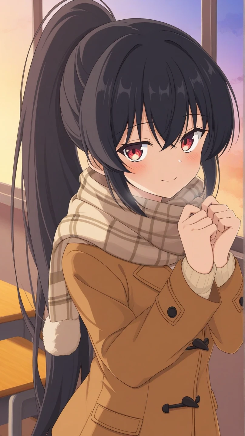 appearance（woman　１８Age　 Very Beautiful 　 ponytail　smile　 muffler 　 black hair　　 comments　Wear warm clothes）composition（Being pulled out 　winter　School　classroom　early morning　Warm colors　 staring at your partner　I have feelings ）quality（UHD（ Ultra Fine）・super detail（ VERY DETAILED）・best quality（最高quality）4K） style（ anime style）