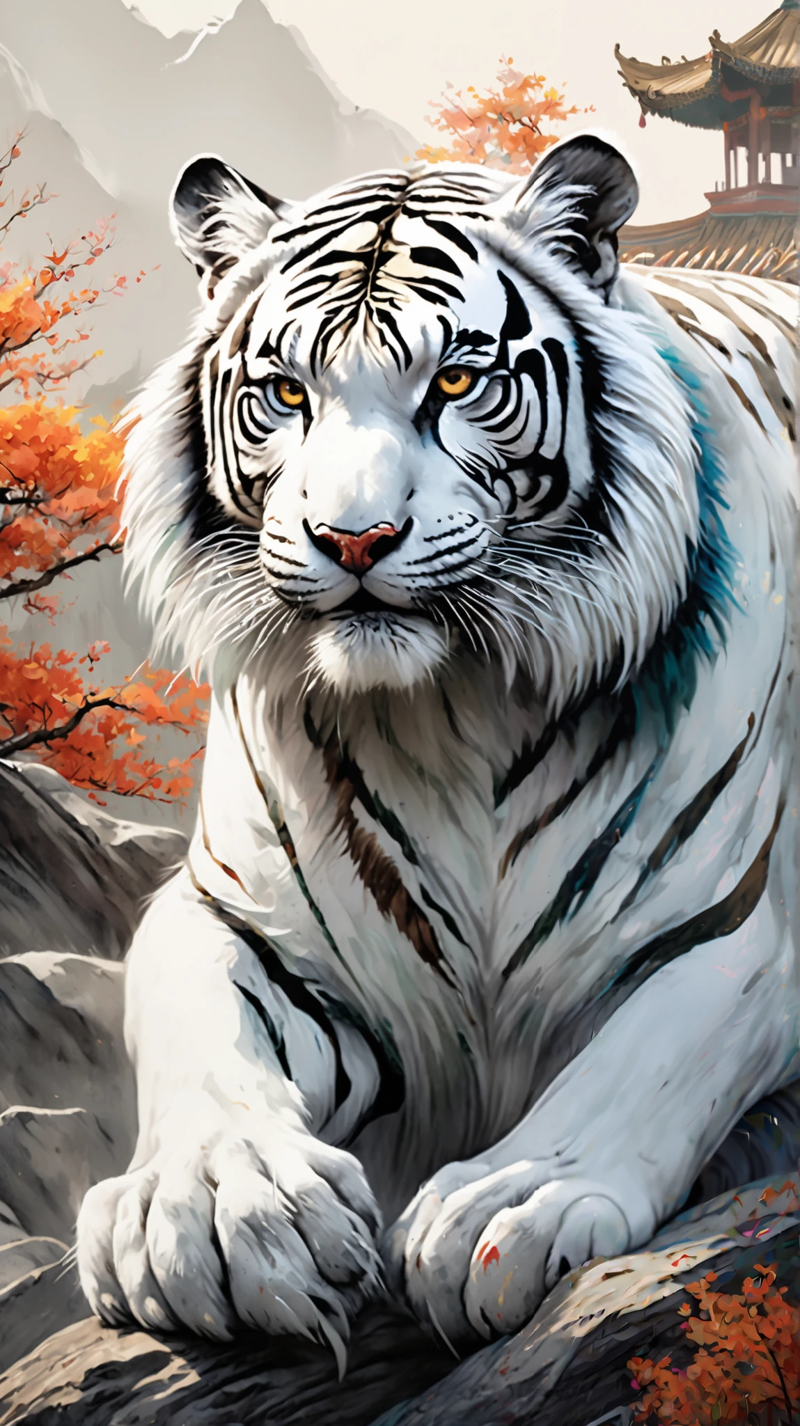 ((masterpiece)),best quality, ((illustration)),original,extremely detailed wallpaper,(((beijing opera))), (sketch),(wash painting),((color splashing)),((ink splashing)),((((dyeing)))),((Chinese painting)),((colorful)),(beautiful and delicate mountain),(solo),(Fantasy creatures),((Chinese white tiger)),(solo;1.8),Black markings,(white tiger),((solo)),beautiful and delicate golden eyes,Huge claws,Big and strong,Diabolical,Tyrannica,(mountains), 1girl,solo,looking at viewer,Best quality,masterpiece,ultra high res,(photorealistic:1.4)
