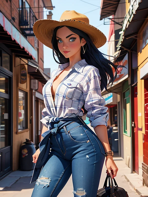 Lexa Doig, arafed woman in a denim jumpsuit leaning against a column, wearing overalls, wearing blue jean overalls, blue overalls, torn overalls, wearing dirty overalls, artist wearing overalls, artist wearing torn overalls, wearing a straw hat and overalls, double denim, topless