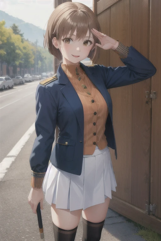 Masterpiece, best quality , High Resolution , ultra detail ,, 1 GIRL, brown eyes, brown hair, orange hair, short hair,bangs,Oarai military uniform,(blue jacket:1.2), green shirt,  long sleeve ,  white skirt,socks,(black socks:1.2), boots, black footwear,Outdoors, standing, cowboy shooting,salute,smile,