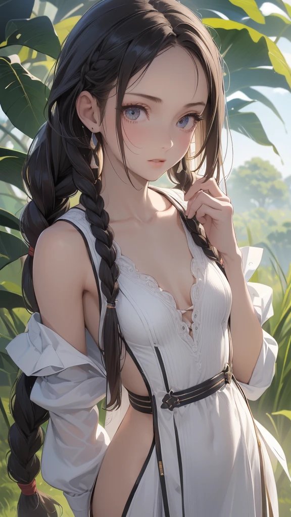  ((best quality)), ((masterpiece)), (detailed), 1girl, (big forhead:1.2),extremely detailed cute anime face, (((flat chest))), (flat chest:1.1),((((long twin braids,tight braids,long braid,braided hair,long hair)))),intricate eyes,beautiful detailed eyes,symmetrical eyes,(((detailed face))),beautiful detailed lips, looking at this, (((embarrassed))),(horrified expression),(panic),(crying),highres,(best quality),(ultra detailed,extremely detailed),perfect face details, ((masterpiece:1.4, best quality))+, (ultra detailed)+, long twintails, cute girl, (flat chest:1.1), small breasts, slim body, skinny, ((narrow hips)), prominent collarbones, skinny arms, flat stomach, visible hip bones, long hair, red hair, white hair, blonde hair, dark hair, ponytail, thick ponytail, heavy ponytail, small breasts, perfect face, small breasts (flat chest:1.1), NSFW, long revealing gown,Detailed body，Full limbs, ((front facing)), NSFW, (flat chest:1.1), wild environment, jungle, nature 