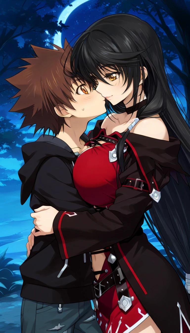 masterpiece,top-quality,source_anime,best quality, clear face,Velvet Crowe,tales of verseria,1girl,solo,black hair,very long hair,gold eyes,very large breasts, perfect body,beauty,very huge breasts,narrow waist,bust size is 250cm over,sexy,seductive anime girl,One Shota,Tsunayoshi Sawada,tsuna_hyper,A boy with very messy brown hair,she has black hair,she has black hair,she has black hair,she has black hair,she has gold eyes,he has very messy brown hair,he has very messy brown hair,he has very messy brown hair,she has gold eyes,she has gold eyes,he has orange eyes,he has orange eyes,he has orange eyes,night Forest and spring,she is smiling seductively,Boy and woman are kissing,Boy and woman are hugging,black hooded hoodie,Jeans pants