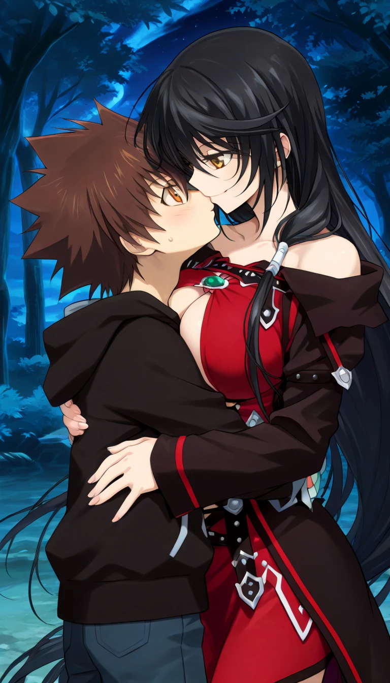 masterpiece,top-quality,source_anime,best quality, clear face,Velvet Crowe,tales of verseria,1girl,solo,black hair,very long hair,gold eyes,very large breasts, perfect body,beauty,very huge breasts,narrow waist,bust size is 250cm over,sexy,seductive anime girl,One Shota,Tsunayoshi Sawada,tsuna_hyper,A boy with very messy brown hair,she has black hair,she has black hair,she has black hair,she has black hair,she has gold eyes,he has very messy brown hair,he has very messy brown hair,he has very messy brown hair,she has gold eyes,she has gold eyes,he has orange eyes,he has orange eyes,he has orange eyes,night Forest and spring,she is smiling seductively,Boy and woman are kissing,Boy and woman are hugging,black hooded hoodie,Jeans pants