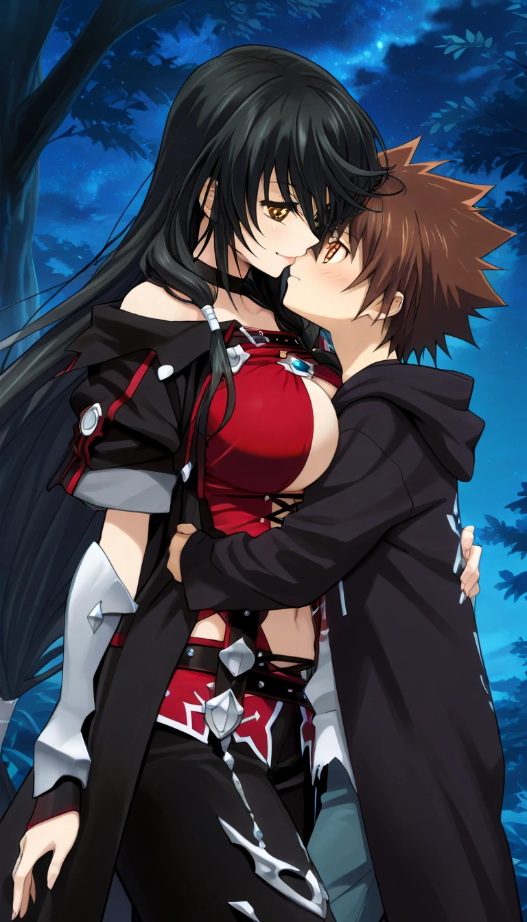 masterpiece,top-quality,source_anime,best quality, clear face,Velvet Crowe,tales of verseria,1girl,solo,black hair,very long hair,gold eyes,very large breasts, perfect body,beauty,very huge breasts,narrow waist,bust size is 250cm over,sexy,seductive anime girl,One Shota,Tsunayoshi Sawada,tsuna_hyper,A boy with very messy brown hair,she has black hair,she has black hair,she has black hair,she has black hair,she has gold eyes,he has very messy brown hair,he has very messy brown hair,he has very messy brown hair,she has gold eyes,she has gold eyes,he has orange eyes,he has orange eyes,he has orange eyes,night Forest and spring,she is smiling seductively,Boy and woman are kissing,Boy and woman are hugging,black hooded hoodie,Jeans pants