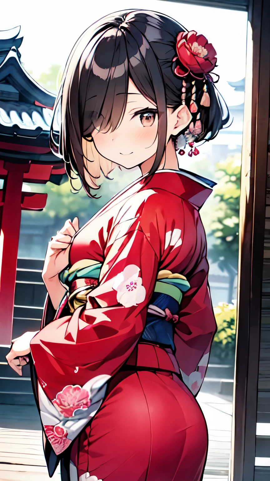 (((New Year's Temples and Shrines 、A girl going on a first visit、Girl wearing a peony pattern furuncle 、 a very gorgeous brightly colored long-sleeved kimono:1.5、 girl drawing an omikuji、Teasing Smile)))、( brown hair short cut、 Beautiful Brown Hair 、(hair over one eye:1.5、Diagonal bangs:1.5)、Keep your head small、 perfect face、 Shiny Skin、 clear brown eyes 、 has small breasts、The butt is small)、((( watercolor)))、 best quality 、masterpiece、 ultra high definition、 8k、 show anime style 、 Softline Art 、Digital Enhancement、 shojo anime touch, shojo manga core, flowing fabric 、Soft Drawing、 ultra-fine digital animation art 、 Clear facial depiction、 super detailed girl cartoon character art 、 Ultra-detailed manga style、 best quality の色