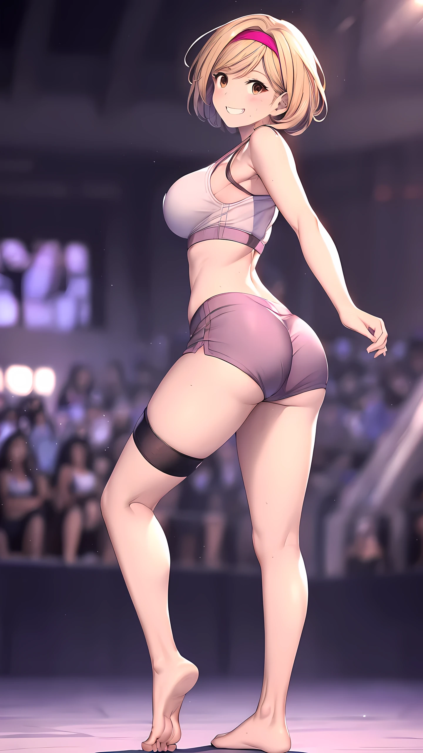 djeeta_(granblue_fantasy), brown eyes, Detailed eyes, (wearing sports bra:1.5, wearing short spats:1.5, bare thigh, toned hip, bare foot:1.5), Perfect body, (Independent), (happy smile:1.5), Toned stomach, Ultra HD, Detailed eyes, Detailed face, (from behind below:1.5, full body shot, looking back:1.5, arm up, victor), sweaty, slim long legs, twisting the waist, depth of field, Crowd Circle View, professional wrestling ring, spectator seats,