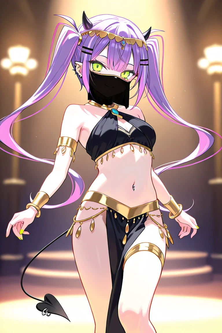 (1girl in:1.2), (Solo:1.2), masutepiece, nffsw、Shaders、Brilliant Textured Work、Ultra-detailed eyes、ultra-intricate pupil in eyes、top-quality、(bright purple hair:1.4)、length hair、Yellow eyes、Belly Dance Costumes、Face Veil、Luxury Jewelry Accessories、ruby、sapphires、Emeraude、pearls、Raw feet、Navel、large full breasts、underboob、sideboob barbosa、Dancing、seducting smile、thin-waist、Skinny Legs、(Dark skin:1.2)、(Black Face Veil:1.5)、(Thin black cloth covering the mouth:1.5)、full body、dynamic ungle、