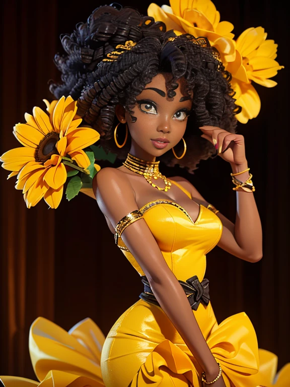 Black girl. gold curly hair, smiling beautiful girl, tulle transparent shirt, cleavage, big chest, against a bright background, interesting pose, bright modern clothes, creative haircut, multicolor with gold and silver, ultra detail, neon light, ultra dynamic light, high quality, by Butcher Billy, Caia Koopman, Coby Whitmore