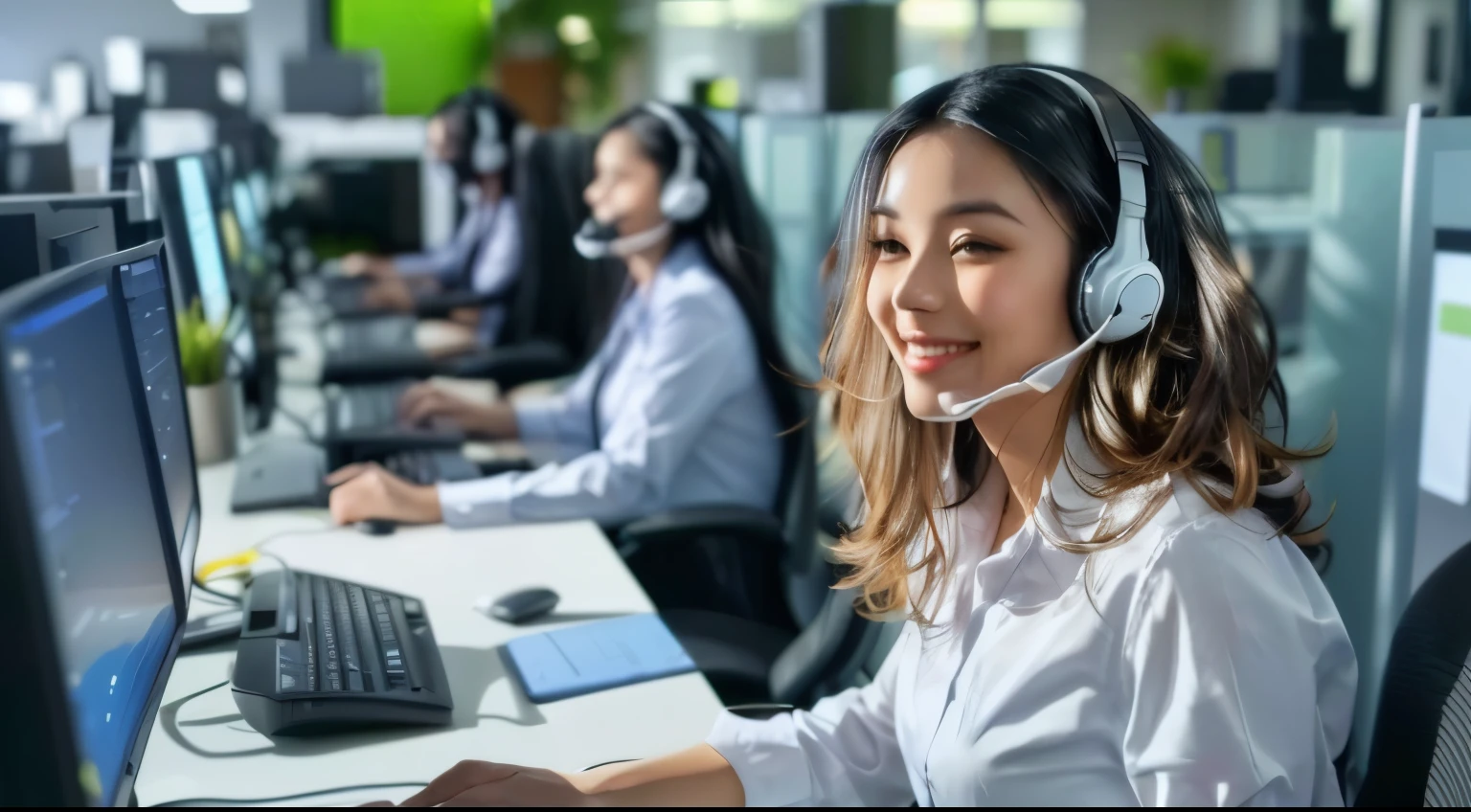 a woman wearing a headset sitting at a desk with a computer, ((((long black hair)))), ((smiling)),in an call centre office, working in a call center, wearing a headset, wearing headset, #trending, professional, professionally, avatar image, trending, exceptional, sitting at a control center, !!beautiful!!, high quality picture, wearing a gaming headset, cute woman, smiling, instagram post, headset,