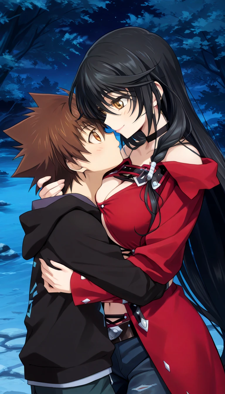 masterpiece,top-quality,source_anime,best quality, clear face,Velvet Crowe,tales of verseria,1girl,solo,black hair,very long hair,gold eyes,very large breasts, perfect body,beauty,very huge breasts,narrow waist,bust size is 250cm over,sexy,seductive anime girl,One Shota,Tsunayoshi Sawada,tsuna_hyper,A boy with very messy brown hair,she has black hair,she has black hair,she has black hair,she has black hair,she has gold eyes,he has very messy brown hair,he has very messy brown hair,he has very messy brown hair,she has gold eyes,she has gold eyes,he has orange eyes,he has orange eyes,he has orange eyes,night Forest and spring,she is smiling seductively,Boy and woman are kissing,Boy and woman are hugging,red hooded hoodie,Jeans pants