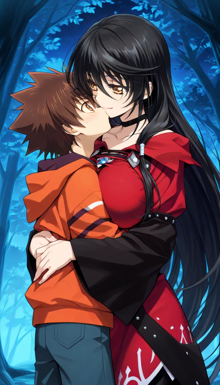 masterpiece,top-quality,source_anime,best quality, clear face,Velvet Crowe,tales of verseria,1girl,solo,black hair,very long hair,gold eyes,very large breasts, perfect body,beauty,very huge breasts,narrow waist,bust size is 250cm over,sexy,seductive anime girl,One Shota,Tsunayoshi Sawada,tsuna_hyper,A boy with very messy brown hair,she has black hair,she has black hair,she has black hair,she has black hair,she has gold eyes,he has very messy brown hair,he has very messy brown hair,he has very messy brown hair,she has gold eyes,she has gold eyes,he has orange eyes,he has orange eyes,he has orange eyes,night Forest and spring,she is smiling seductively,Boy and woman are kissing,Boy and woman are hugging,red hooded hoodie,Jeans pants