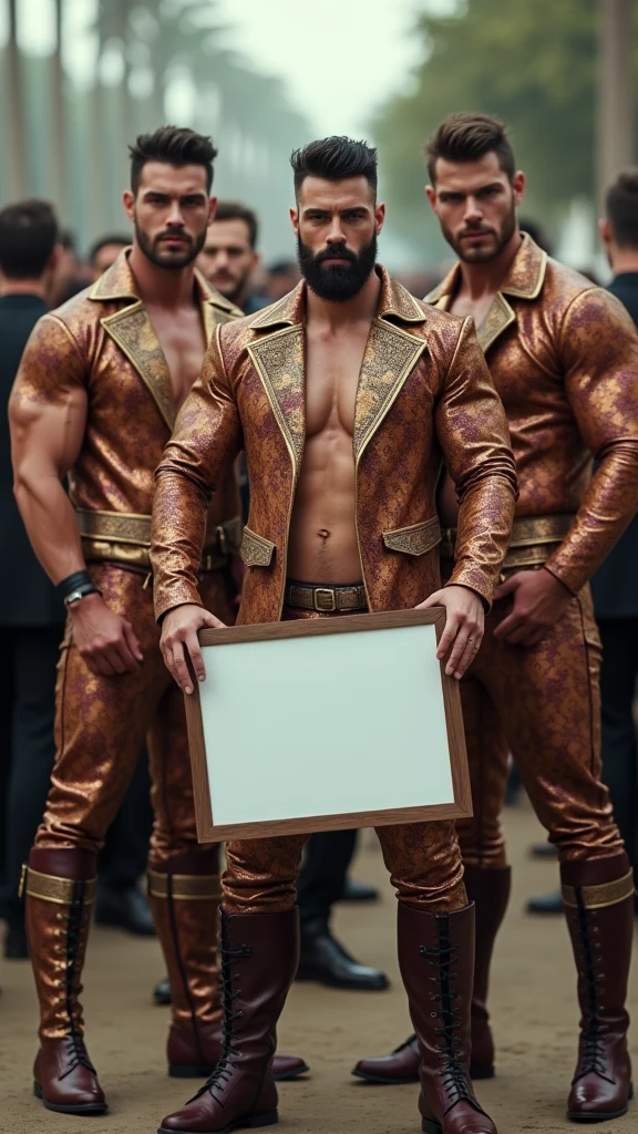 (masterpiece), best quality, highly realistic, detailed image of three men, (beautiful, muscular, tattooed, ginger, naked, wearing a tiny golden metal loincloth), wearing massive heavy golden metal chains at his wrists biceps and neck, golden chest armour, golden torc, full body image, seen from a low angle, on a darkened background