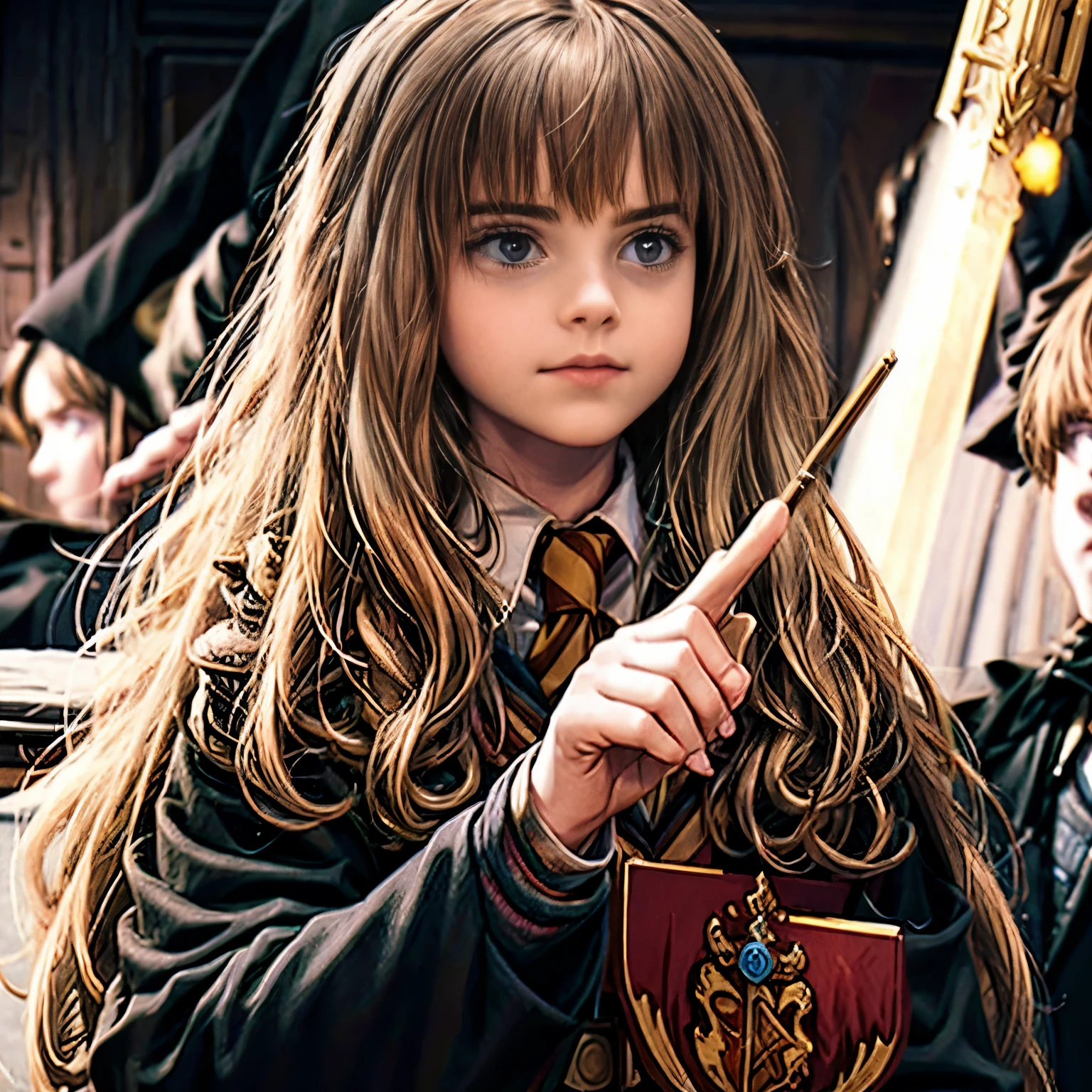 Hermione Granger, Hogwarts, magical effects , Magic Wand in Hand , Patronus Spector , super detailed , realistic, Fantasy