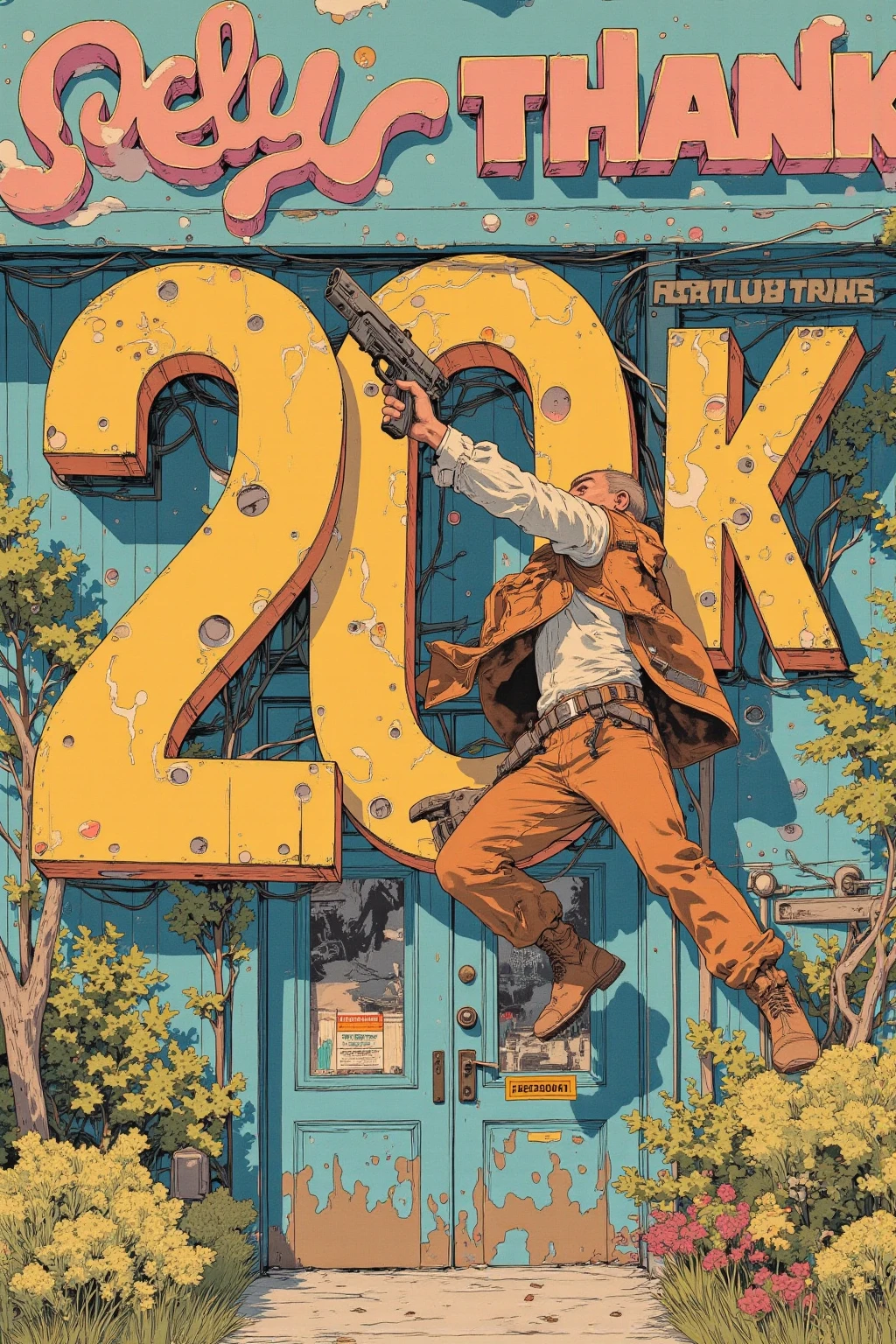 , "20k favorite thanks" Detailed headline sign , crazy cowboy man punching through a sign with a handgun, retrofuturism   ,  letter as headline  , dynamic typography  , 1970 live magazine photo , 1968 Psychedelic,  1970s Philippines , 1970 poster  , 1 9 7 0 Crop Collage,  Movie Advertisement Steel ,   1968 cutout collage  , 70s Photos, Detailed Characters,  Balloon Framing Method Wooden Construction,Double door,Covered Porch 