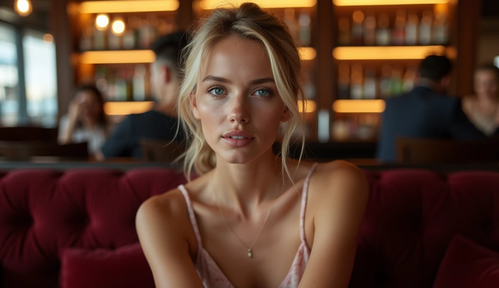 Une fille blonde russe au restaurant la nuit. elle a les yeux bleus gris. Her straight, slightly wavy blonde hair, long and thick. Ses yeux bleus gris, with long, dark eyelashes. a straight and slightly upturned nose. Elle est au restaurant la nuit