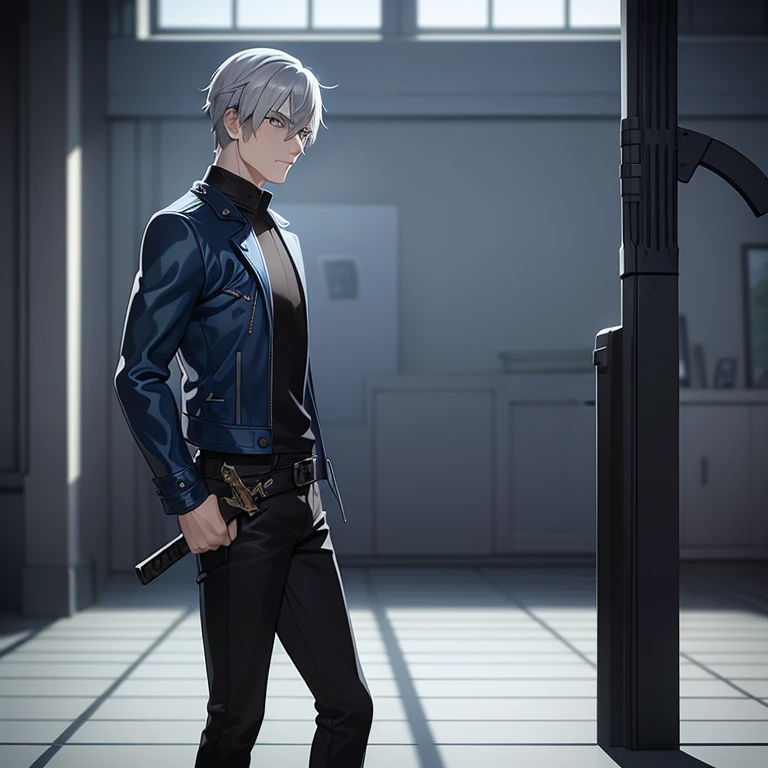 "Man with gray hair and blue eyes ,  wearing a blue leather jacket and black jeans ,  holding a straight sword in his right hand .  he is standing in a deserted room with the sun shining through a window. The room is empty,  calm and neutral vibe ."