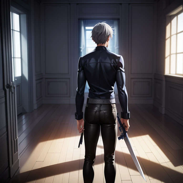 "Man with gray hair and blue eyes ,  wearing a blue leather jacket and black jeans ,  holding a straight sword in his right hand .  he is standing in a deserted room with the sun shining through a window. The room is empty,  calm and neutral vibe ."