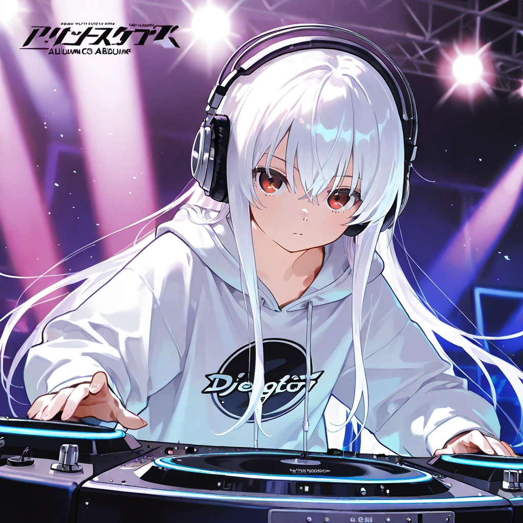 Girl, teenager, white long hair, red eyes, DJ, Headphones, long oversized hoodie, no bottom, album cover art, album cover