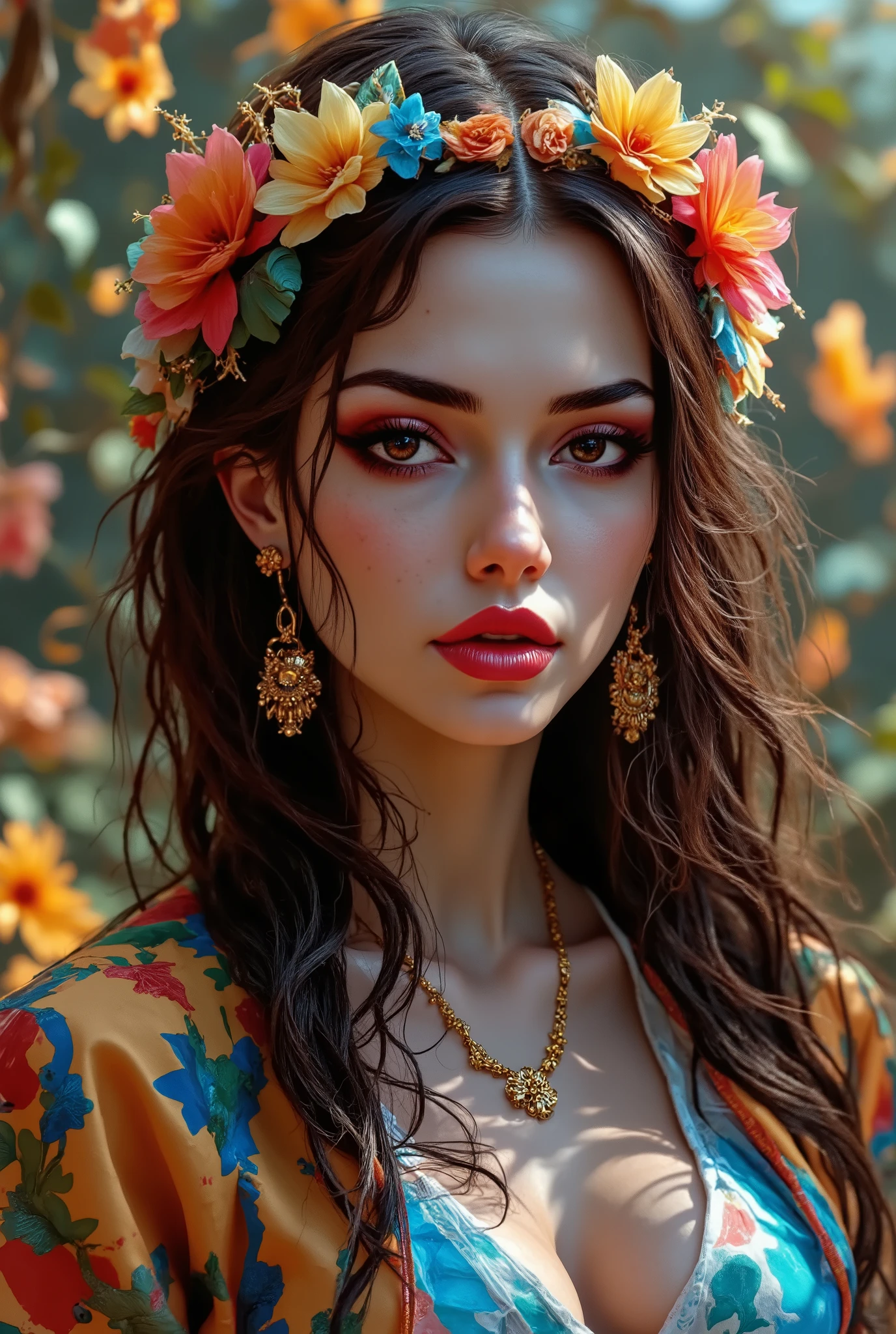  photorealistic image, ( pendant in the form of a trident)  ukrainian woman with very long brown curly hair braided in a long braid, dark eyes ,wreath on the head of daisies . very small breasts ,   ethnic cotton light ,  loose dress in yellow and blue colors with cross stitch . in a rustic retro yard . full height.  dress glows with stripes in cyberpunk style